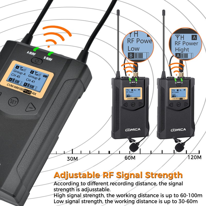 COMICA ميكروفون لافاليير لاسلكي، مع حقيبة حمل، نظام ميكروفون مزدوج CVM-WM100 PLUS UHF 48 قناة لكاميرات DSLR، وكاميرات XLR، والهاتف، وميكروفون لاف للمقابلات وتصوير فيديو يوتيوب - Image 3
